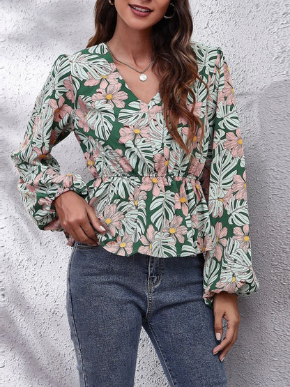 Trendsi Floral V-Neck Balloon Sleeve Blouse