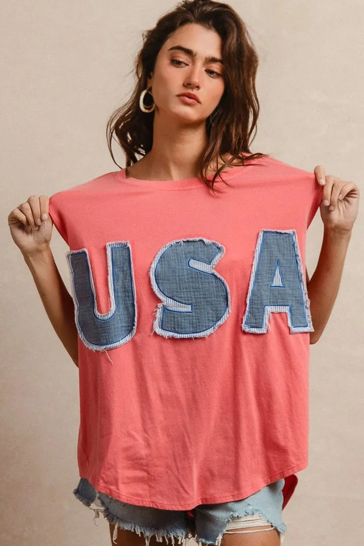Trendsi BiBi Washed Jersey With Usa Patched Raw Cut Edge Detail