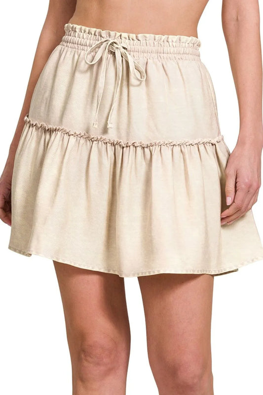 Zenana Tencel Washed Tiered Mini Skirts SAND BEIGE Easy Apparels