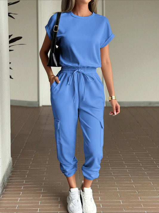 Round Neck Short Sleeve Top and Pants Set Blue Easy Apparels