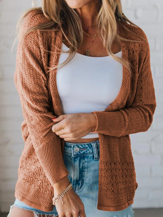 Open Front Knitted Cardigan with Eyelet Details Caramel Easy Apparels