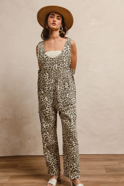 BiBi Leopard Print Adjustable Strap U Neck Jumpsuit Easy Apparels