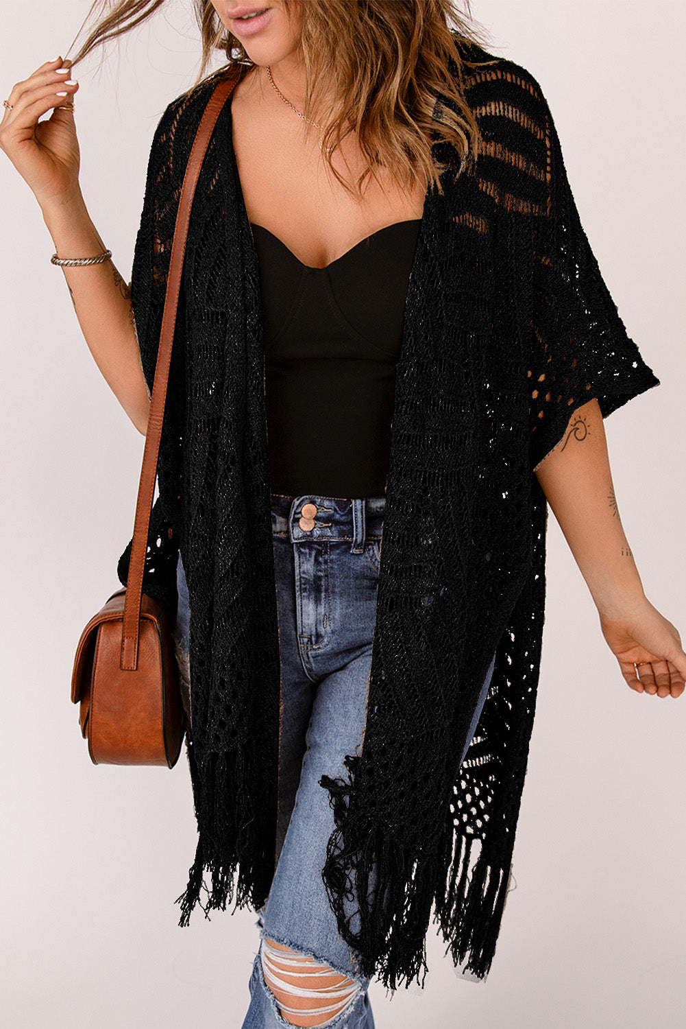 Fringe Hem Slit Open Front Cardigan Easy Apparels
