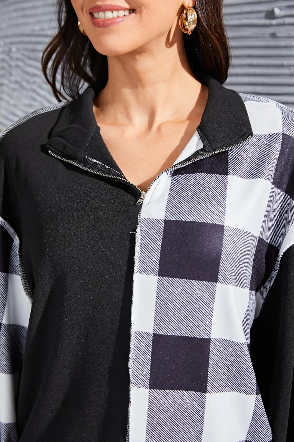 Trendsi Plaid Exposed Seam Long Sleeve Blouse