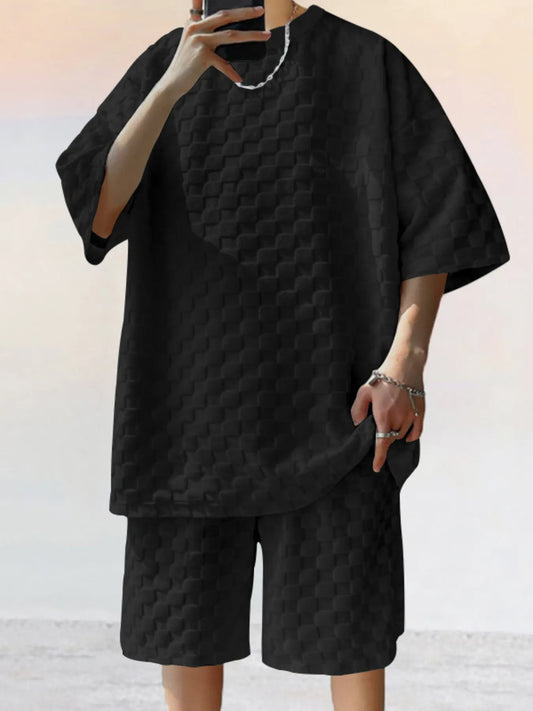 Men's Full Size Checkered Pattern Casual Top and Shorts Two-Piece Set Plus Size Black Easy Apparels