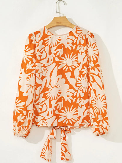 Trendsi Printed Tie Back Balloon Sleeve Blouse