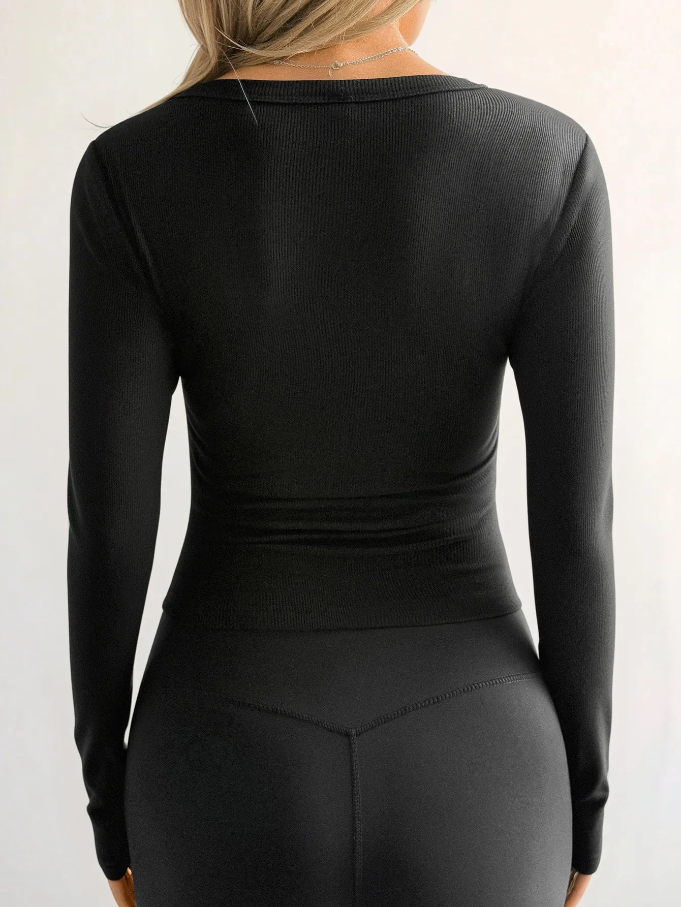 Trendsi Ribbed V-Neck Long Sleeve T-Shirt