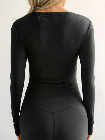 Trendsi Ribbed V-Neck Long Sleeve T-Shirt