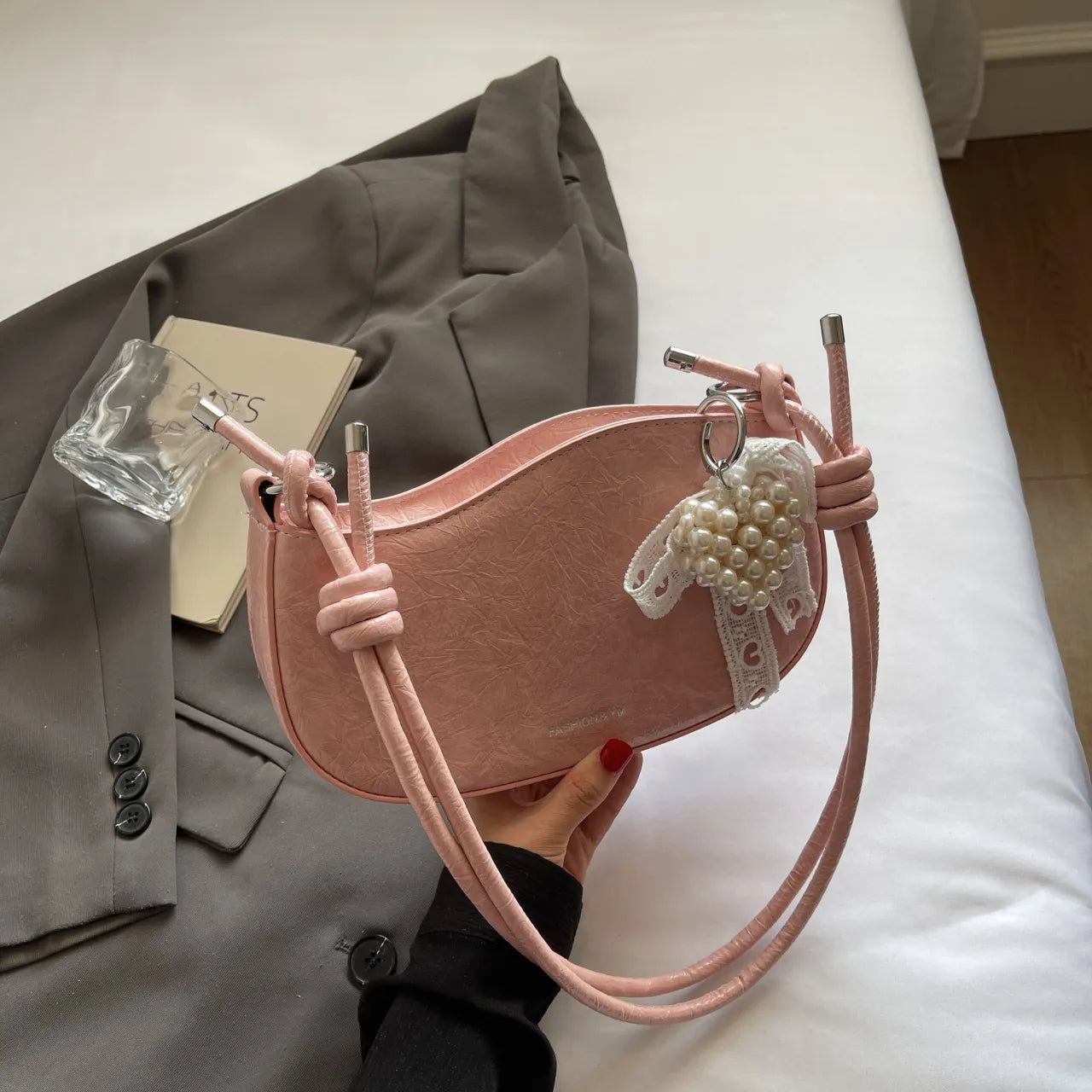 Leather Shoulder Bag with Pearl Detail Pink onesize Easy Apparels