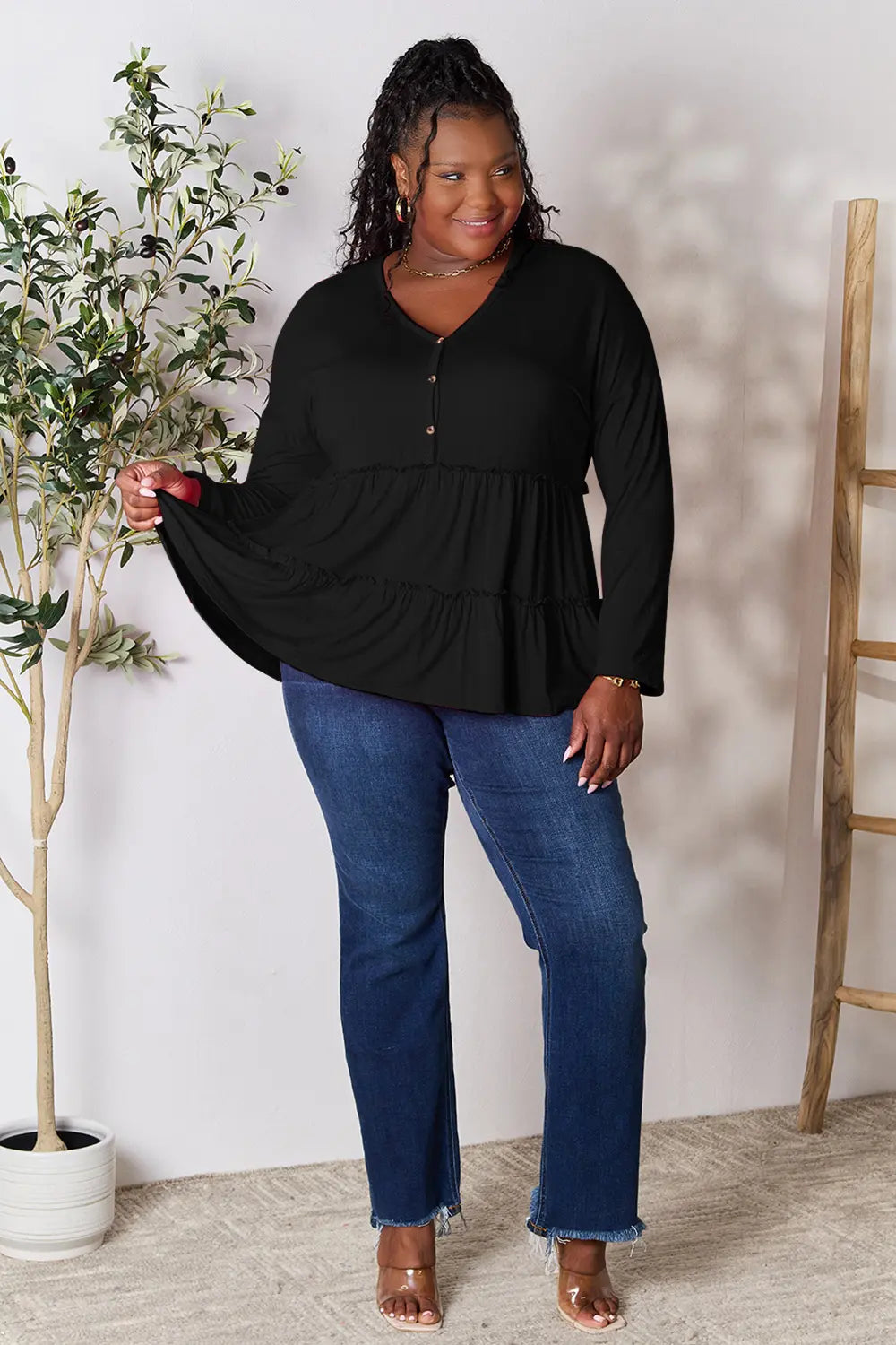 Trendsi Double Take Half Button Long Sleeve Ruffle Hem Blouse