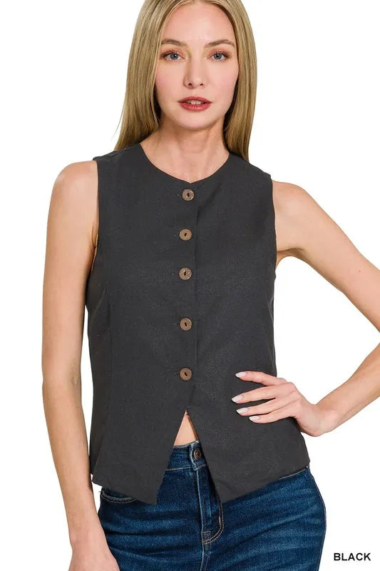 Zenana Linen Button Down Vest BLACK Easy Apparels