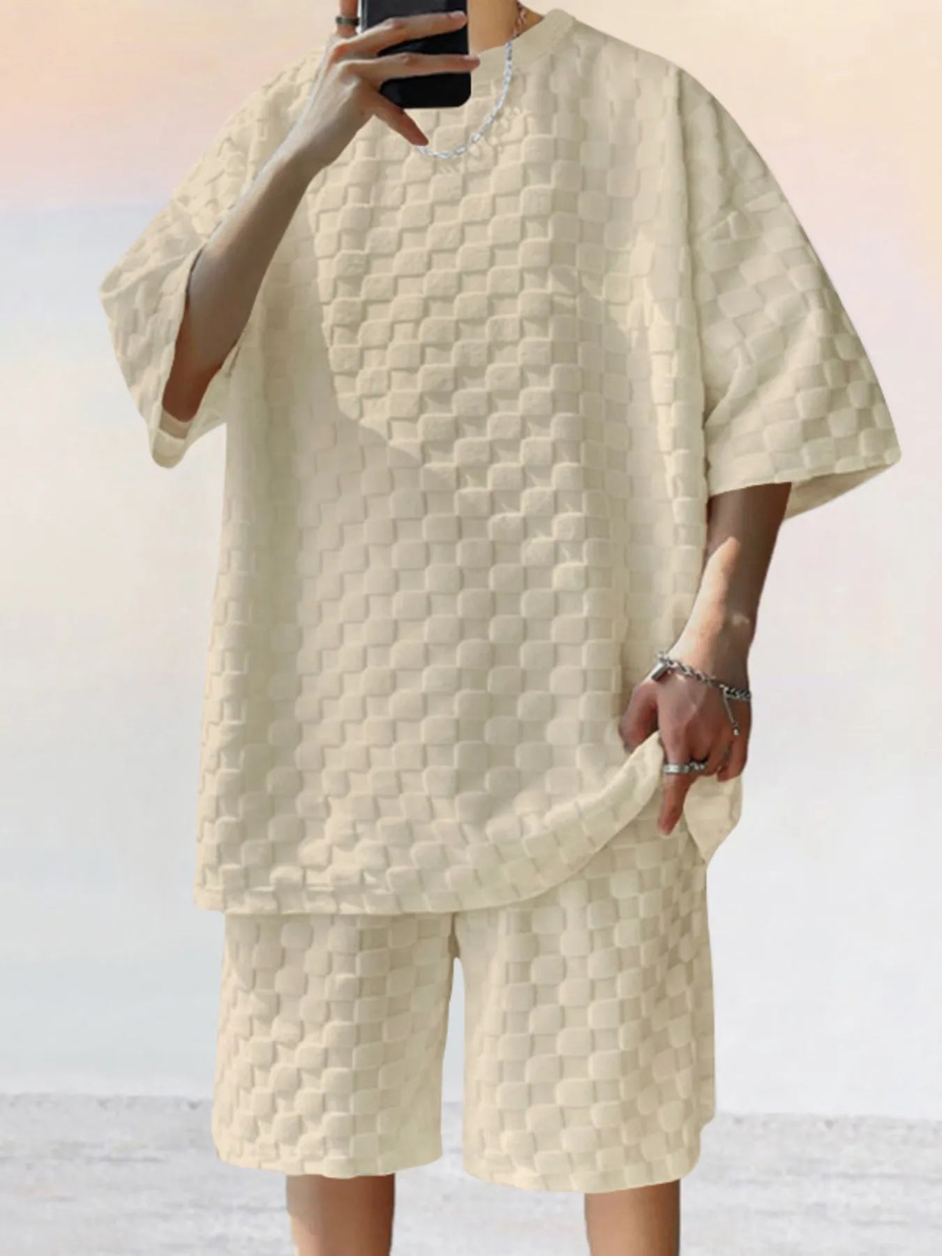Men's Full Size Checkered Pattern Casual Top and Shorts Two-Piece Set Plus Size Khaki Easy Apparels