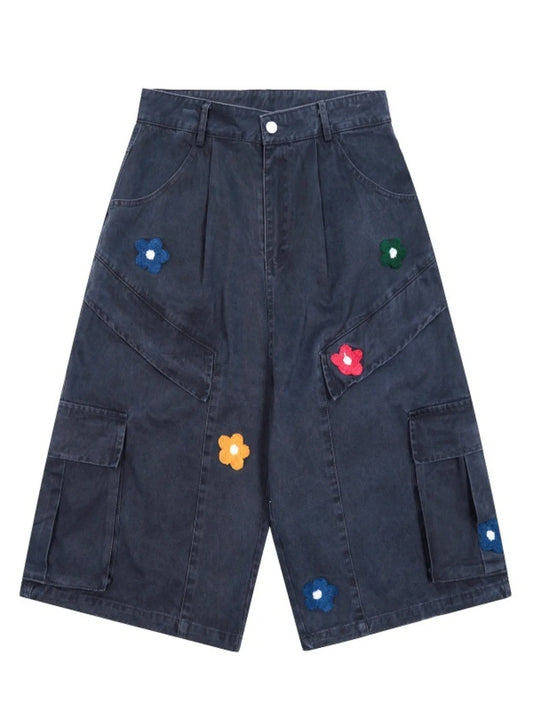 Men's Flower Embroidered Denim Cargo Shorts Dark Blue Easy Apparels