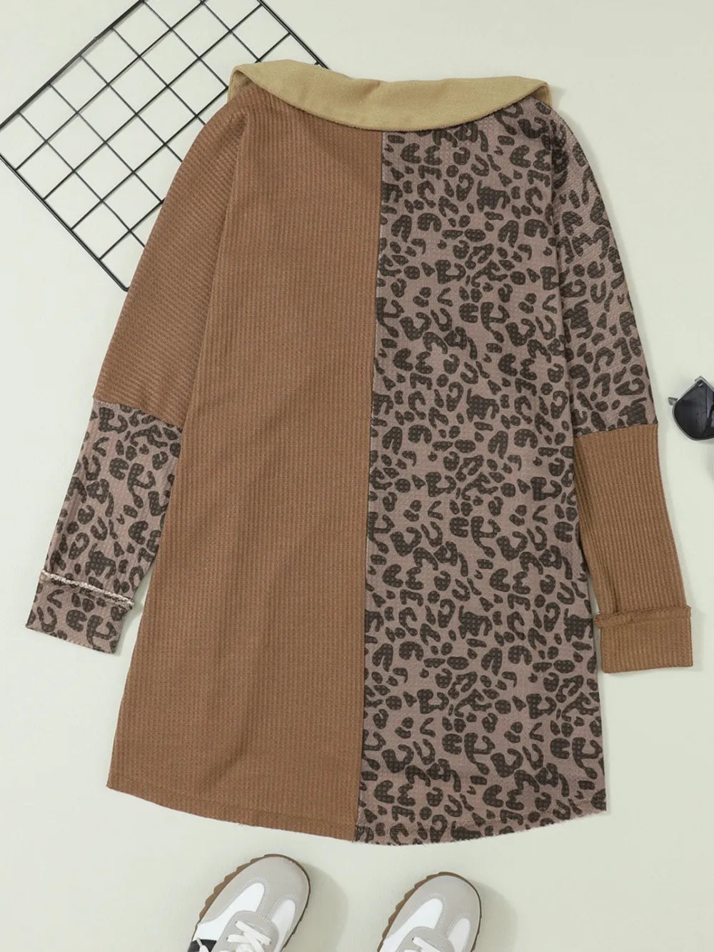 Trendsi Half Button Leopard Collared Neck Blouse
