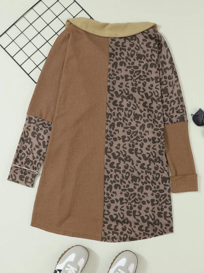 Trendsi Half Button Leopard Collared Neck Blouse