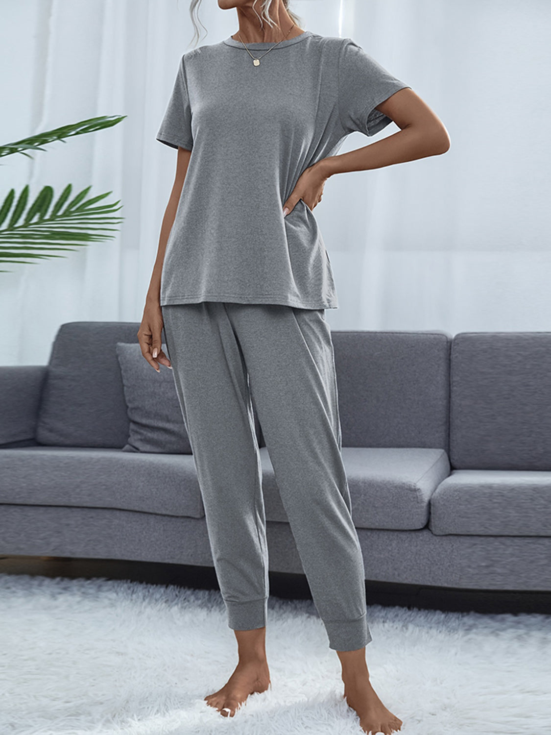 Shiny Round Neck Short Sleeve Top and Pants Set Easy Apparels