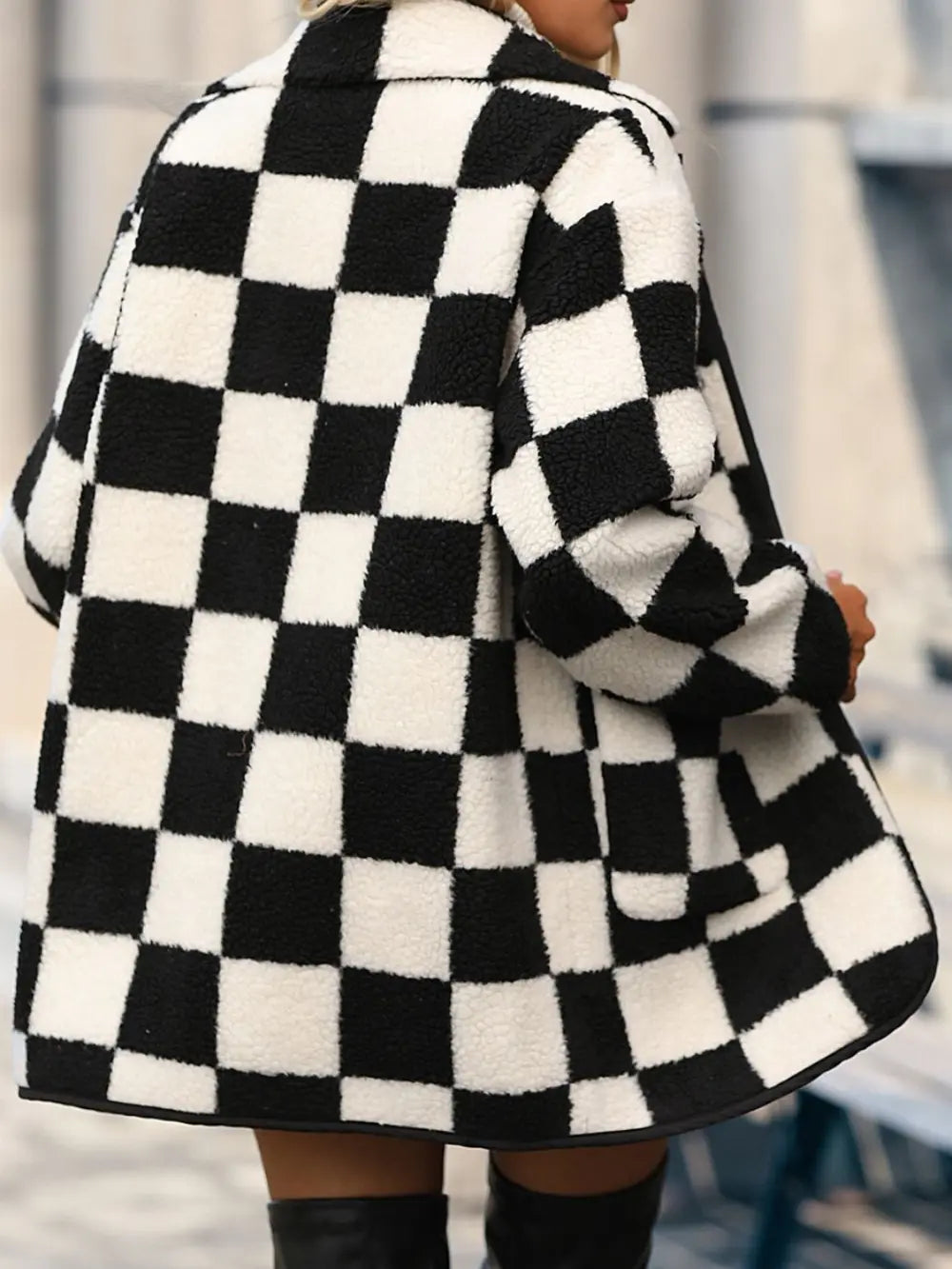 Double Take Full Size Checkered Button Front Coat with Pockets Easy Apparels