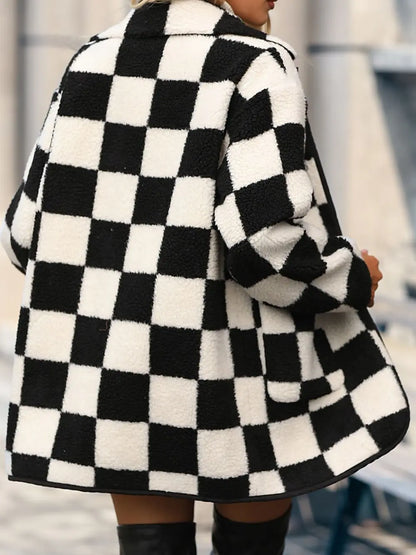 Double Take Full Size Checkered Button Front Coat with Pockets Easy Apparels