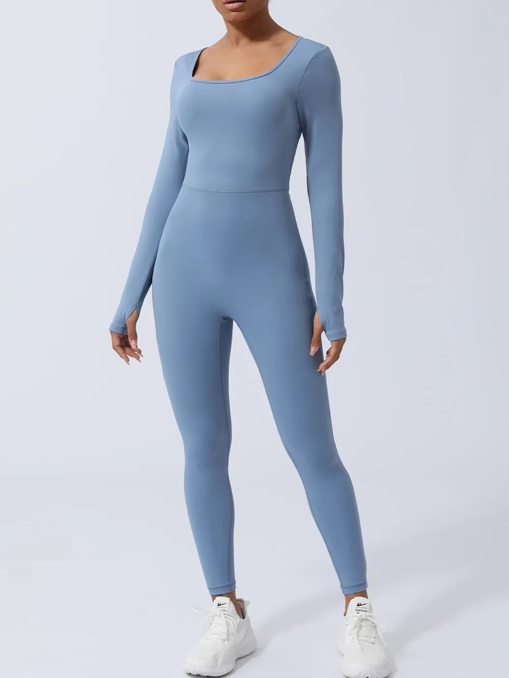 Twisted Backless Long Sleeve Jumpsuit Light Blue Easy Apparels