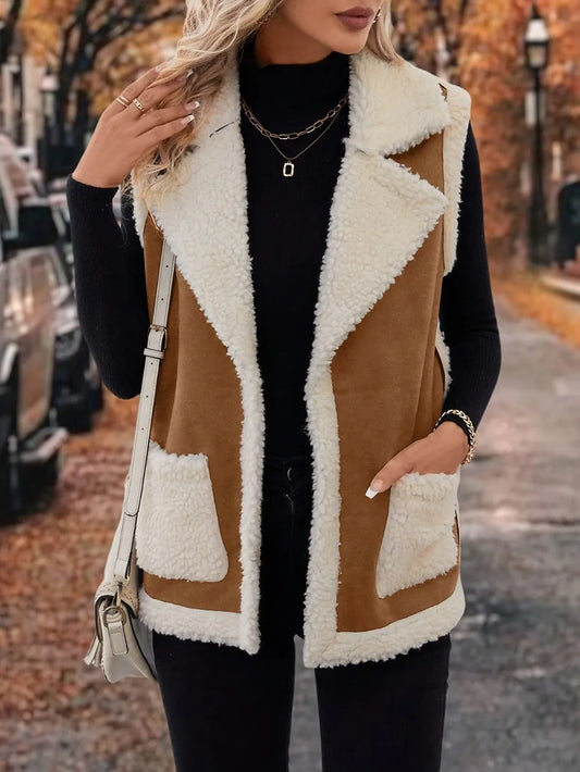 Full Size Contrast Open Front Sherpa Vest Coat Camel Easy Apparels