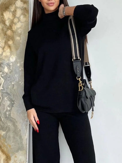 Turtleneck Long Sleeve Top and Drawstring Pants Sweater Set Black One Size Easy Apparels