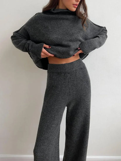 Slit Turtleneck Long Sleeve Top and Pants Sweater Set Dark Gray One Size Easy Apparels