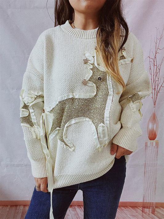 Reindeer Round Neck Long Sleeve Sweater Beige Easy Apparels