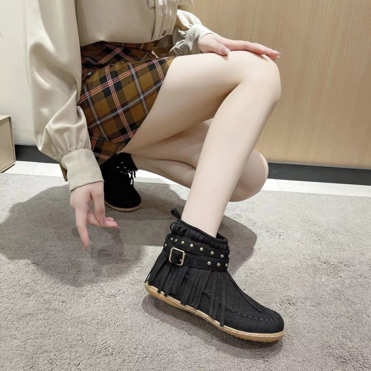 Fringe Round Toe Boots Black Easy Apparels