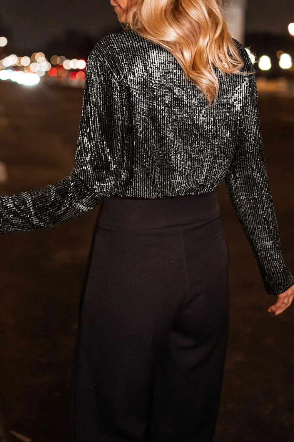 Trendsi Sequin Surplice Long Sleeve Bodysuit