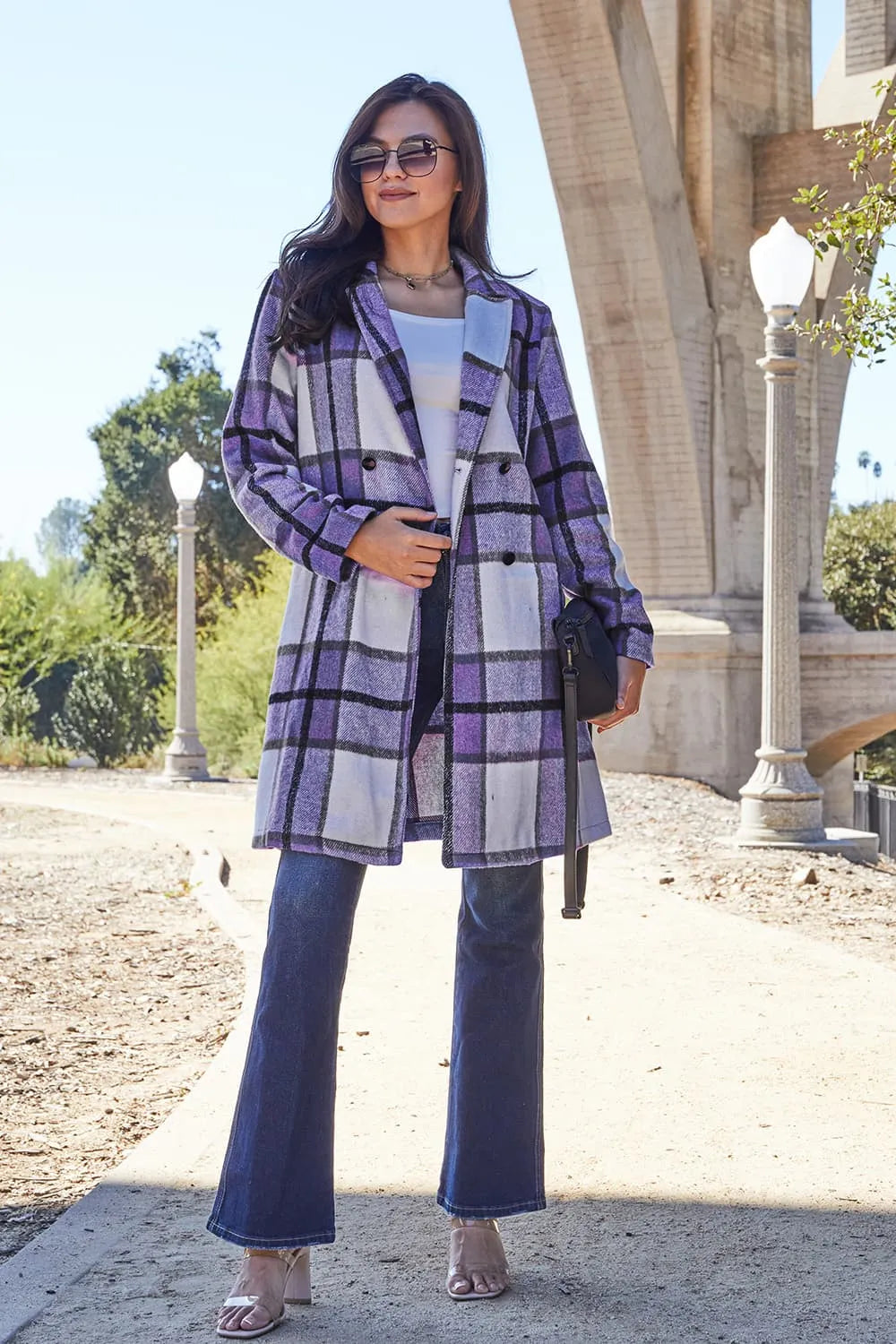 Double Take Full Size Plaid Button Up Lapel Collar Coat Violet Easy Apparels