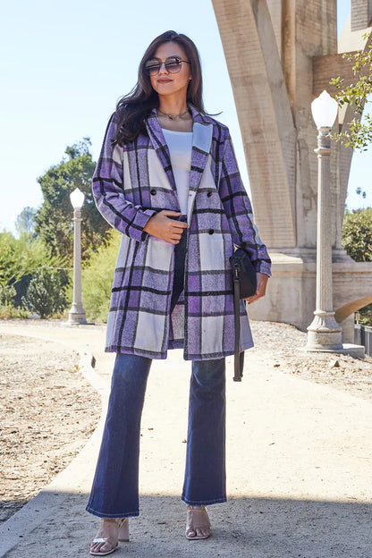 Double Take Full Size Plaid Button Up Lapel Collar Coat Violet Easy Apparels