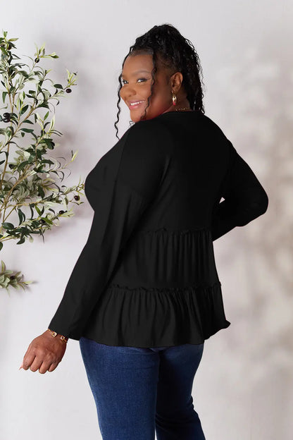 Trendsi Double Take Half Button Long Sleeve Ruffle Hem Blouse
