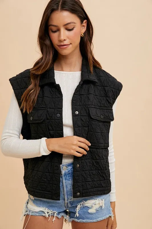 Annie Wear Texture Quilted Snap Down Vest Coat Black Easy Apparels