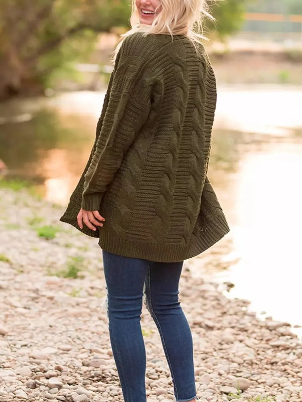 Cable-Knit Open Front Long Sleeve Cardigan Easy Apparels
