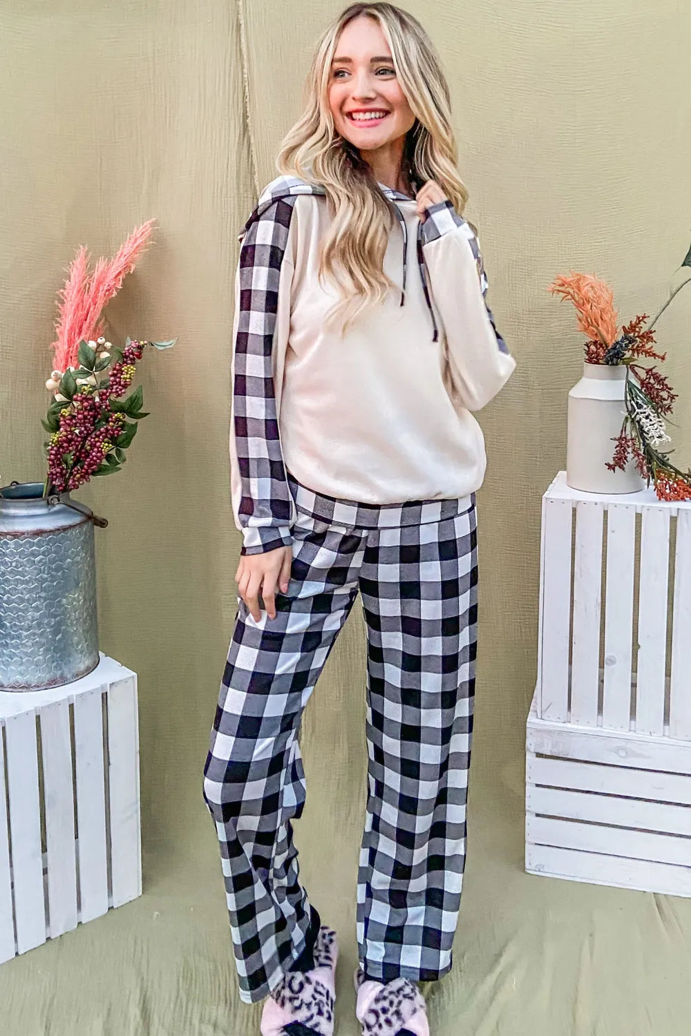 And The Why Drawstring Hooded Top and Plaid Pants Lounge Set Easy Apparels