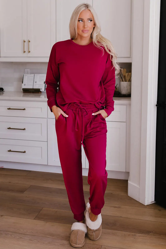 Round Neck Top and Drawstring Pants Lounge Set Deep Rose Easy Apparels