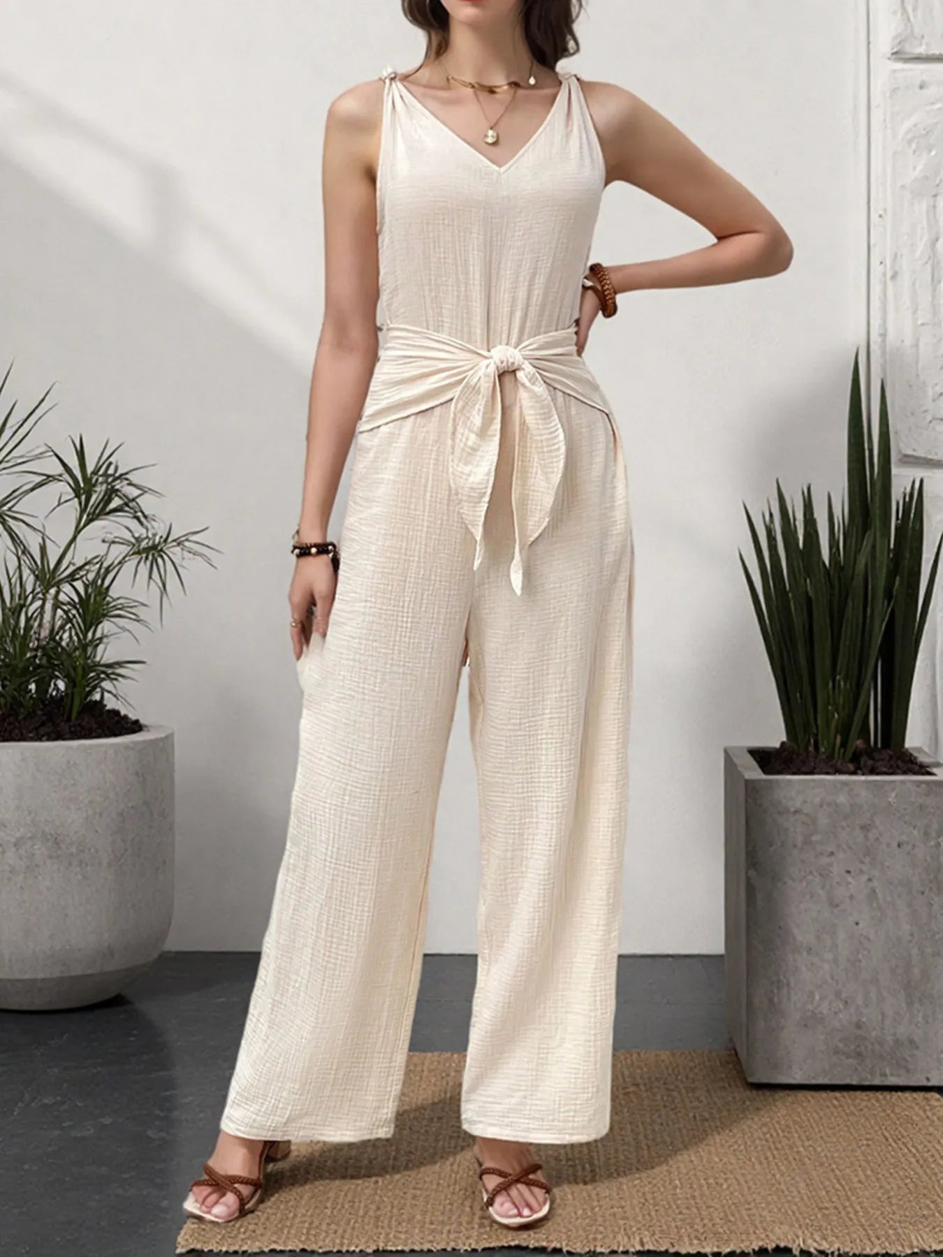 Sleeveless V-Neck Wide Leg Jumpsuit Easy Apparels