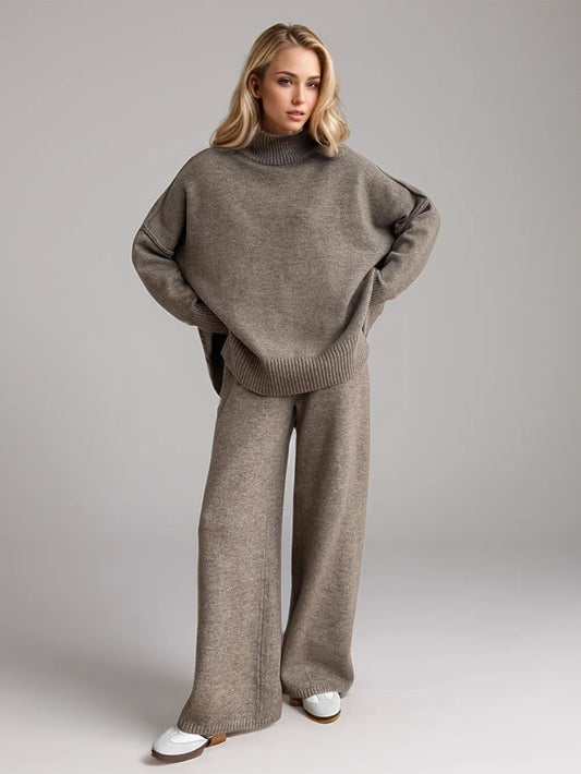 Slit Turtleneck Long Sleeve Top and Pants Sweater Set Easy Apparels