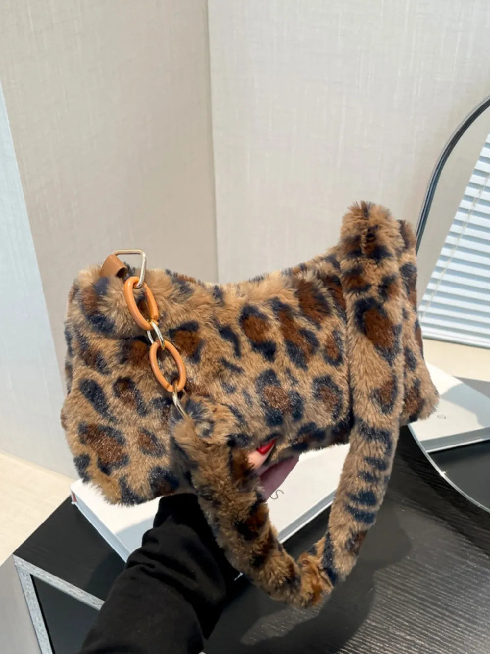 Leopard Fluff Shoulder Bag Caramel One Size Easy Apparels