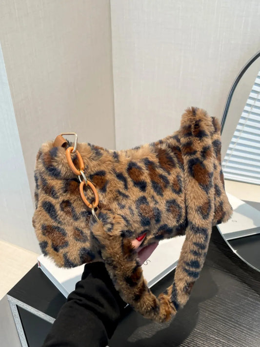 Leopard Fluff Shoulder Bag Caramel One Size Easy Apparels