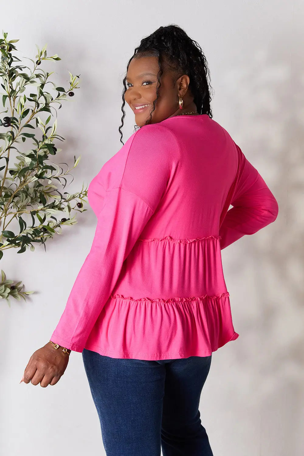 Trendsi Double Take Half Button Long Sleeve Ruffle Hem Blouse