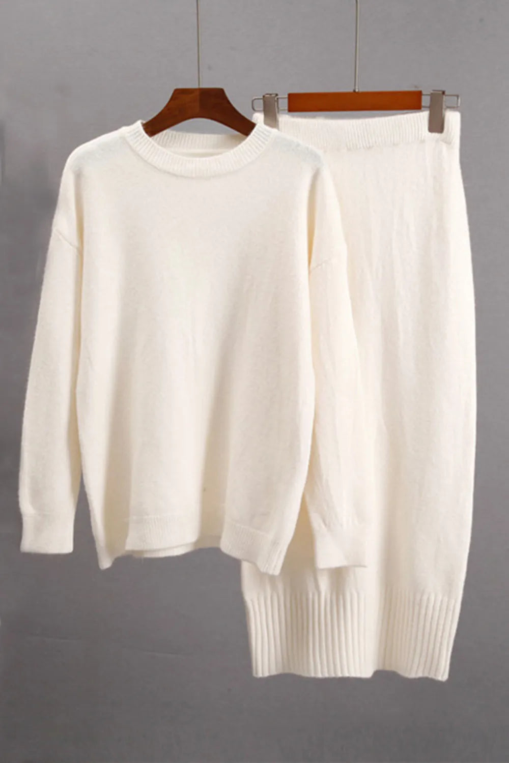 Round Neck Dropped Shoulder Top and Skirt Sweater Set Easy Apparels