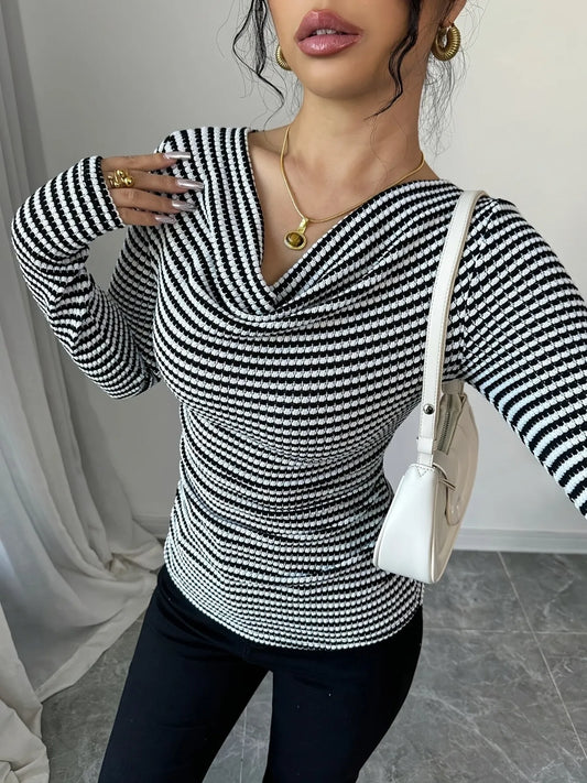 Trendsi Striped Cowl Neck Long Sleeve T-Shirt Black