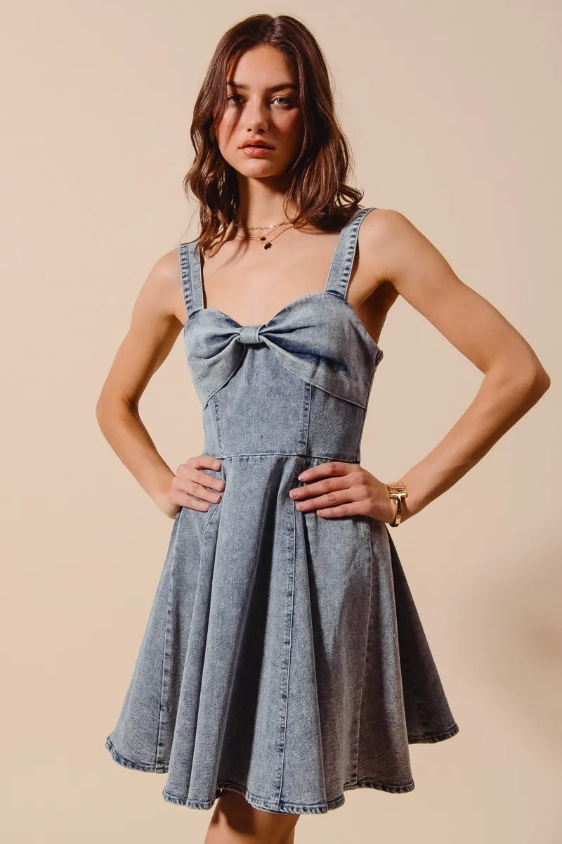 SO ME Mineral Washed Bow Ribbon Denim Flare Dress Easy Apparels
