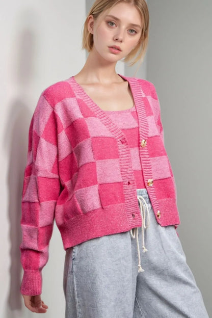 Checkered V-Neck Long Sleeve Cardigan Easy Apparels