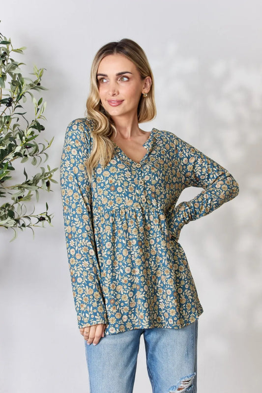 Trendsi Heimish Full Size Floral Half Button Long Sleeve Blouse Dusty Teal Multi