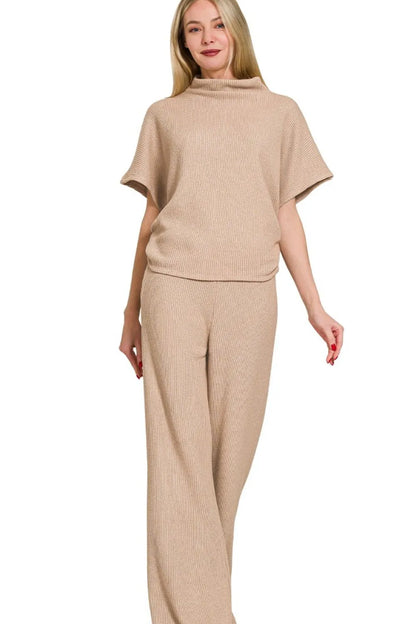 Zenana Sweater Mock Neck Top & Long Pants Set LT MOCHA Easy Apparels