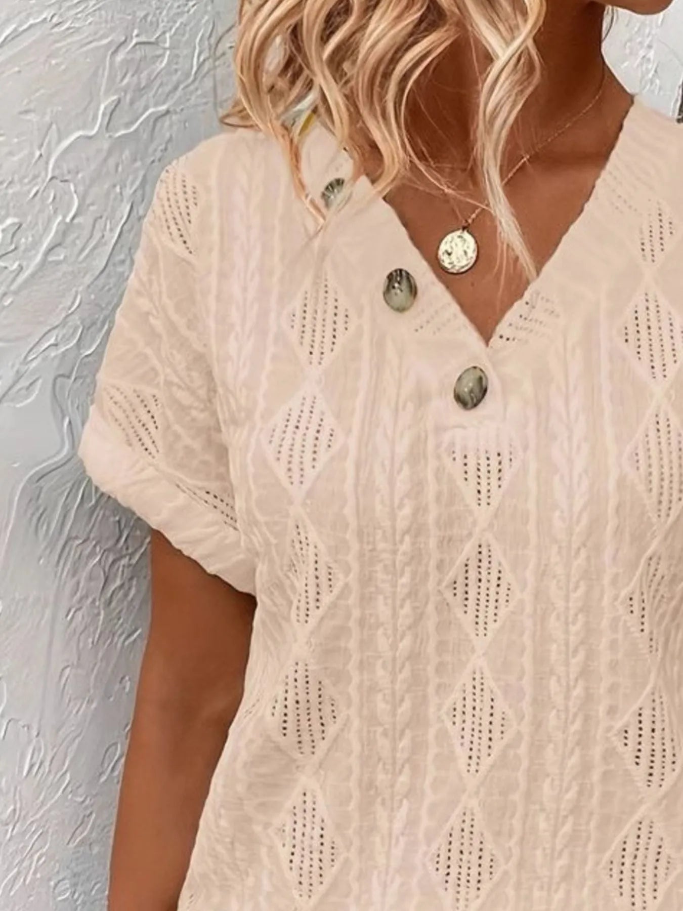 Trendsi Textured V-Neck Short Sleeve Top