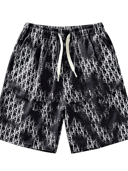 Men's Plus Size Abstract Print Drawstring Shorts Black Easy Apparels