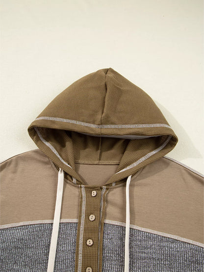 Trendsi Mixed Texture Patchwork Exposed Seam Half Button Hoodie
